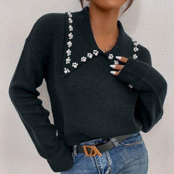 Collar Pearl Detail Drop Shoulder Sweater - Picture 3 of 6